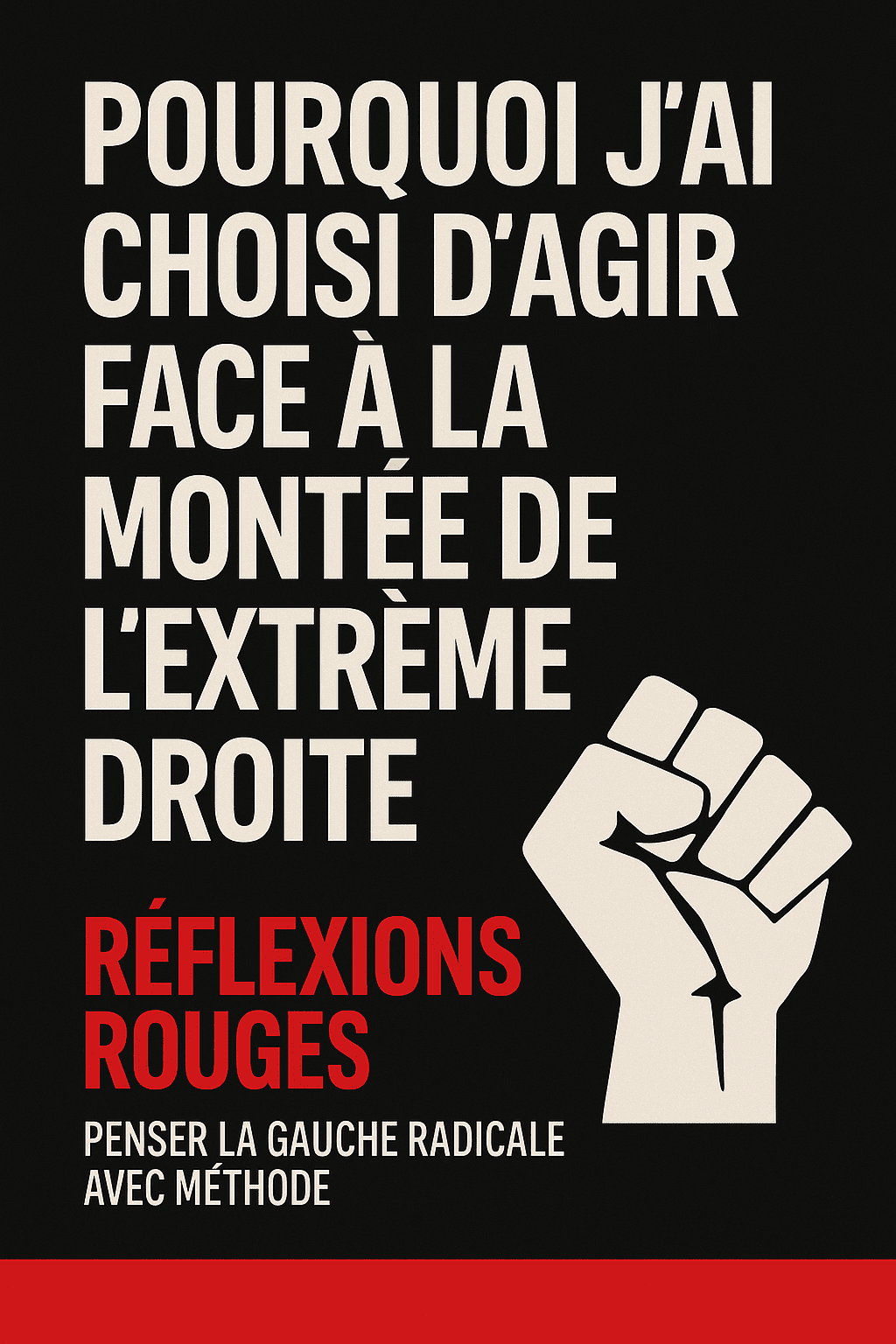Affiche du site Réflexions Engagées avec le titre « Pourquoi j’ai choisi d’agir face à la montée de l’extrême droite ». Le visuel présente un fond noir, un poing levé stylisé en beige et le texte rouge « Réflexions Rouges – Penser la gauche radicale avec méthode », symbole de résistance et d’engagement politique.